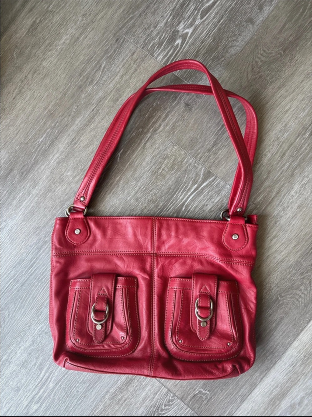 Stone Mountain Red Leather Shoulder Bag with Dual Front Pockets